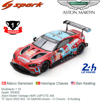 Modelauto 1:18 | Spark 18S820 | Aston Martin Vantage AMR LMPGTE-AM | TF Sport 2022 #33 - M.S&amp;#248;rensen - H.Chaves - B.Kea