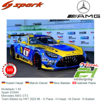 Modelauto 1:43 | Spark SG844 | Mercedes AMG GT3 | Team Bilstein by HRT 2022 #6 - G.Piana - H.Haupt - M.Dienst - N.Bastian