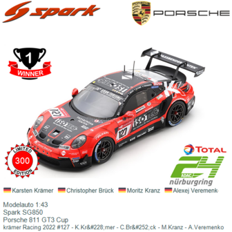 Modelauto 1:43 | Spark SG850 | Porsche 811 GT3 Cup | kr&auml;mer Racing 2022 #127 - K.Kr&amp;#228;mer - C.Br&amp;#252;ck - M.Kr