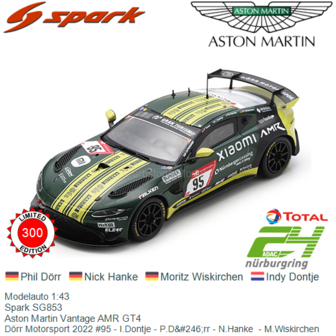 Modelauto 1:43 | Spark SG853 | Aston Martin Vantage AMR GT4 | D&ouml;rr Motorsport 2022 #95 - I.Dontje - P.D&amp;#246;rr - N.Ha