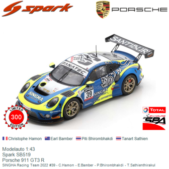 Modelauto 1:43 | Spark SB519 | Porsche 911 GT3 R | SINGHA Racing Team 2022 #39 - C.Hamon - E.Bamber - P.Bhirombhakdi - T.Sathie