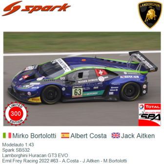 Modelauto 1:43 | Spark SB532 | Lamborghini Huracan GT3 EVO | Emil Frey Racing 2022 #63 - A.Costa - J.Aitken - M.Bortolotti