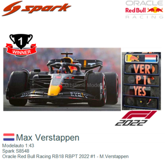 Modelauto 1:43 | Spark S8548 | Oracle Red Bull Racing RB18 RBPT 2022 #1 - M.Verstappen