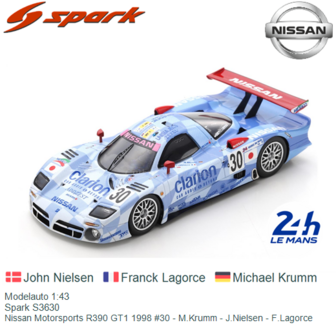 Modelauto 1:43 | Spark S3630 | Nissan Motorsports R390 GT1 1998 #30 - M.Krumm - J.Nielsen - F.Lagorce
