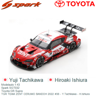Modelauto 1:43 | Spark SGT032 | Toyota GR Supra | TGR TEAM ZENT CERUMO BANDOH 2022 #38 - Y.Tachikawa - H.Ishiura