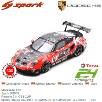 Modelauto 1:43 | Spark SG909 | Porsche 911 GT3 CUP | KKr&auml;mer Racing 2023 #161 - C.Br&amp;#252;ck - K.Kr&amp;#228;mer - A.V