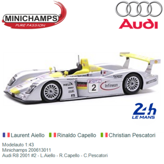 Modelauto 1:43 | Minichamps 200613011 | Audi R8 2001 #2 - L.Aiello - R.Capello - C.Pescatori