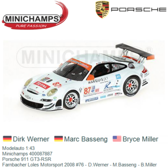 Modelauto 1:43 | Minichamps 400087887 | Porsche 911 GT3-RSR | Farnbacher Loles Motorsport 2008 #76 - D.Werner - M.Basseng - B.M