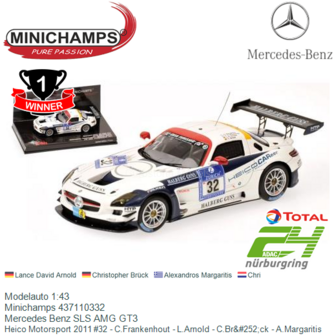 Modelauto 1:43 | Minichamps 437110332 | Mercedes Benz SLS AMG GT3 | Heico Motorsport 2011 #32 - C.Frankenhout - L.Arnold - C.Br