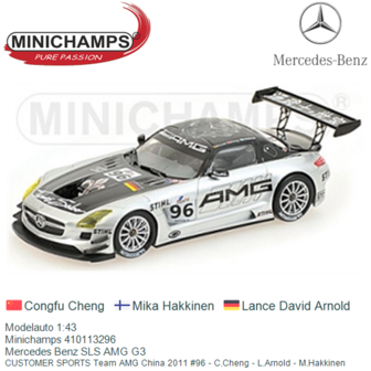 Modelauto 1:43 | Minichamps 410113296 | Mercedes Benz SLS AMG G3 | CUSTOMER SPORTS Team AMG China 2011 #96 - C.Cheng - L.Arnold