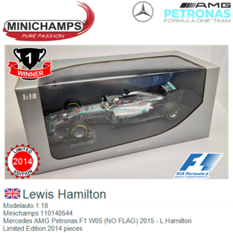 Modelauto 1:18 | Minichamps 110140544 | Mercedes AMG Petronas F1 W05 (NO FLAG) 2015 - L.Hamilton
