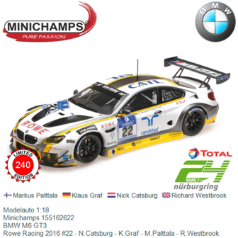 Modelauto 1:18 | Minichamps 155162622 | BMW M6 GT3 | Rowe Racing 2016 #22 - N.Catsburg - K.Graf - M.Palttala - R.Westbrook