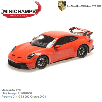 Modelauto 1:18 | Minichamps 117069000 | Porsche 911 GT3 992 Oranje 2021
