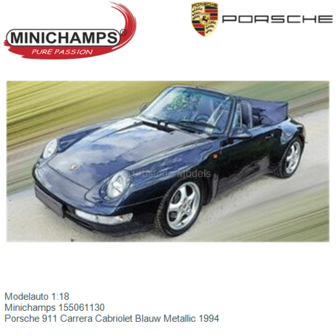 Modelauto 1:18 | Minichamps 155061130 | Porsche 911 Carrera Cabriolet Blauw Metallic 1994