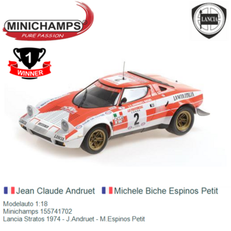 Modelauto 1:18 | Minichamps 155741702 | Lancia Stratos 1974 - J.Andruet - M.Espinos Petit