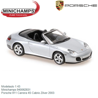 Modelauto 1:43 | Minichamps 940062831 | Porsche 911 Carrera 4S Cabrio Zilver 2003
