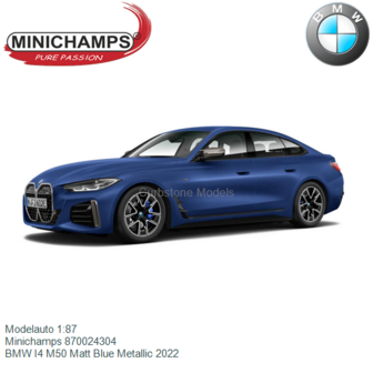 Modelauto 1:87 | Minichamps 870024304 | BMW I4 M50 Matt Blue Metallic 2022