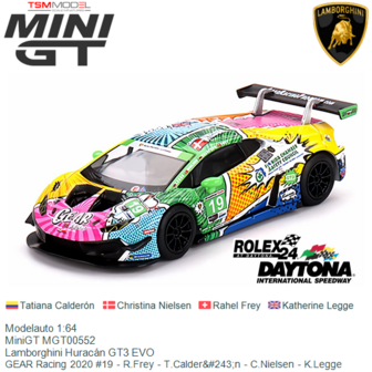 Modelauto 1:64 | MiniGT MGT00552 | Lamborghini Hurac&aacute;n GT3 EVO | GEAR Racing 2020 #19 - R.Frey - T.Calder&amp;#243;n - C.N