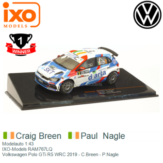 Modelauto 1:43 | IXO-Models RAM767LQ | Volkswagen Polo GTi R5 WRC 2019 - C.Breen - P.Nagle