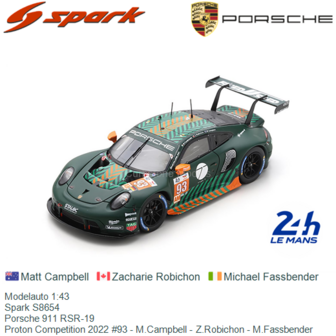 Modelauto 1:43 | Spark S8654 | Porsche 911 RSR-19 | Proton Competition 2022 #93 - M.Campbell - Z.Robichon - M.Fassbender