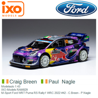 Modelauto 1:43 | IXO-Models RAM829 | M-Sport Ford WRT Puma RS Rally1 WRC 2022 #42 - C.Breen - P.Nagle