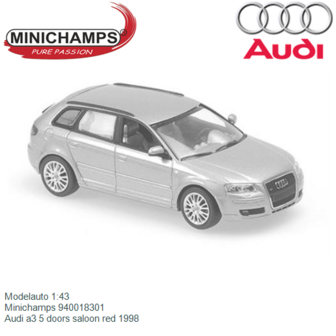 Modelauto 1:43 | Minichamps 940018301 | Audi a3 5 doors saloon red 1998