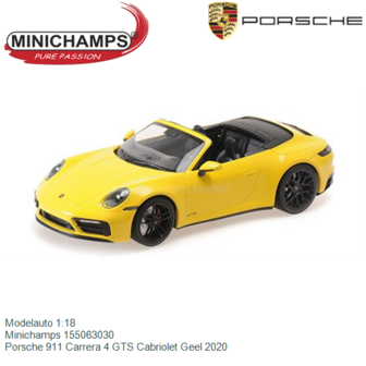 Modelauto 1:18 | Minichamps 155063030 | Porsche 911 Carrera 4 GTS Cabriolet Geel 2020