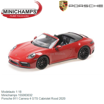 Modelauto 1:18 | Minichamps 155063032 | Porsche 911 Carrera 4 GTS Cabriolet Rood 2020