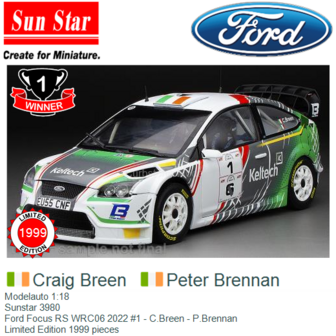 Modelauto 1:18 | Sunstar 3980 | Ford Focus RS WRC06 2022 #1 - C.Breen - P.Brennan 
