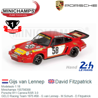 Modelauto 1:18 | Minichamps 155756358 | Porsche 911 Carrera RSR 3.0 | GELO Racing Team 1975 #58 - G.van Lennep - M.Schurti - D.