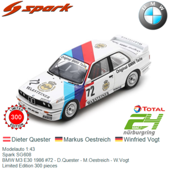Modelauto 1:43 | Spark SG608 | BMW M3 E30 1986 #72 - D.Quester - M.Oestreich - W.Vogt