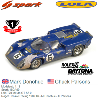Modelauto 1:18 | Spark 18DA69 | Lola T70 Mk.3b GT S5.0 | Roger Penske Racing 1969 #6 - M.Donohue - C.Parsons