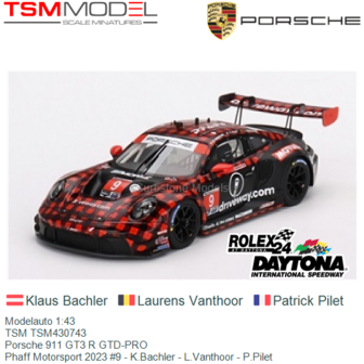 Modelauto 1:43 | TSM TSM430743 | Porsche 911 GT3 R GTD-PRO | Phaff Motorsport 2023 #9 - K.Bachler - L.Vanthoor - P.Pilet