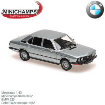 Modelauto 1:43 | Minichamps 940023002 | BMW 520 | Licht Blauw metallic 1972