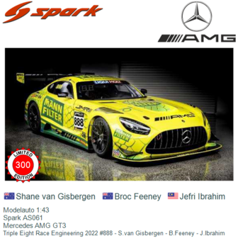 Modelauto 1:43 | Spark AS061 | Mercedes AMG GT3 | Triple Eight Race Engineering 2022 #888 - S.van Gisbergen - B.Feeney - J.Ibra