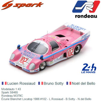 Modelauto 1:43 | Spark S8465 | Rondeau M379C | &Eacute;curie Blanchet Locatop 1986 #102 - L.Rossiaud - B.Sotty - N.del Bello