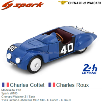 Modelauto 1:43 | Spark s8105 | Chenard Walcker Z1 Tank | Yves Giraud-Cabantous 1937 #40 - C.Cottet  - C.Roux 