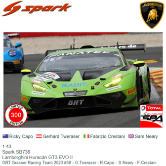 1:43 | Spark SB736 | Lamborghini Hurac&aacute;n GT3 EVO II | GRT Grasser Racing Team 2023 #58 - G.Tweraser - R.Capo - S.Neary - F