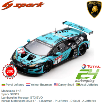 Modelauto 1:43 | Spark SG919 | Lamborghini Huracan GT3 EVO | Konrad Motorsport 2023 #7 - Y.Buurman - P.Lefterov - D.Soufi - A.J