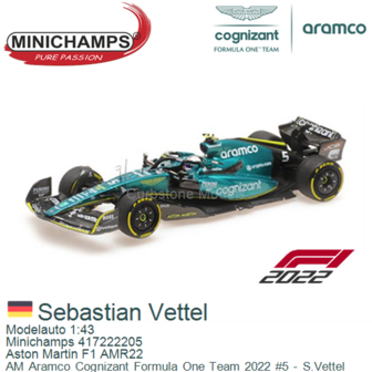 Modelauto 1:43 | Minichamps 417222205 | Aston Martin F1 AMR22 | AM Aramco Cognizant Formula One Team 2022 #5 - S.Vettel