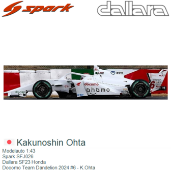 Modelauto 1:43 | Spark SFJ026 | Dallara SF23 Honda | Docomo Team Dandelion 2024 #6 - K.Ohta 