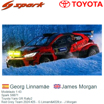 Modelauto 1:43 | Spark S6871 | Toyota Yaris GR Rally2 | Red Grey Team 2024 #25 - G.Linnam&amp;#228;e - J.Morgan