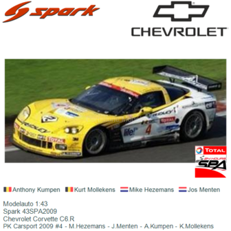 Modelauto 1:43 | Spark 43SPA2009 | Chevrolet Corvette C6.R | PK Carsport 2009 #4 - M.Hezemans - J.Menten - A.Kumpen - K.Molleke