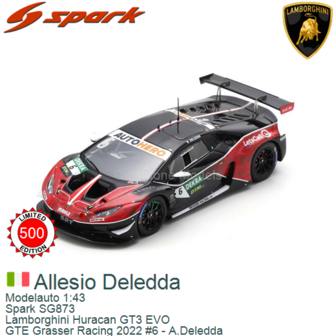 Modelauto 1:43 | Spark SG873 | Lamborghini Huracan GT3 EVO | GTE Grasser Racing 2022 #6 - A.Deledda