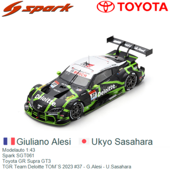 Modelauto 1:43 | Spark SGT061 | Toyota GR Supra GT3 | TGR Team Deloitte TOM`S 2023 #37 - G.Alesi - U.Sasahara