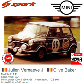 Modelauto 1:43 | Spark 100SPA04 | Mini Cooper 1000 S 1969 #96 - J.Vernaeve J - C.Baker