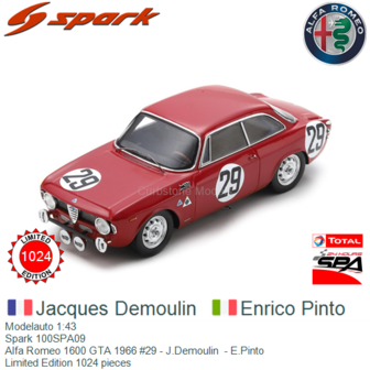 Modelauto 1:43 | Spark 100SPA09 | Alfa Romeo 1600 GTA 1966 #29 - J.Demoulin  - E.Pinto