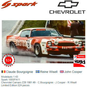Modelauto 1:43 | Spark 100SPA11 | Chevrolet Camaro Z28 1981 #9 - C.Bourgoignie - J.Cooper - R.Wisell