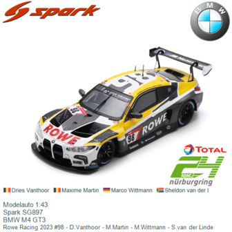 Modelauto 1:43 | Spark SG897 | BMW M4 GT3 | Rowe Racing 2023 #98 - D.Vanthoor - M.Martin - M.Wittmann - S.van der Linde