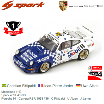 Modelauto 1:43 | Spark 43SPA1993 | Porsche 911 Carrera RSR 1993 #36 - C.Fittipaldi - U.Alzen - J.Jarrier